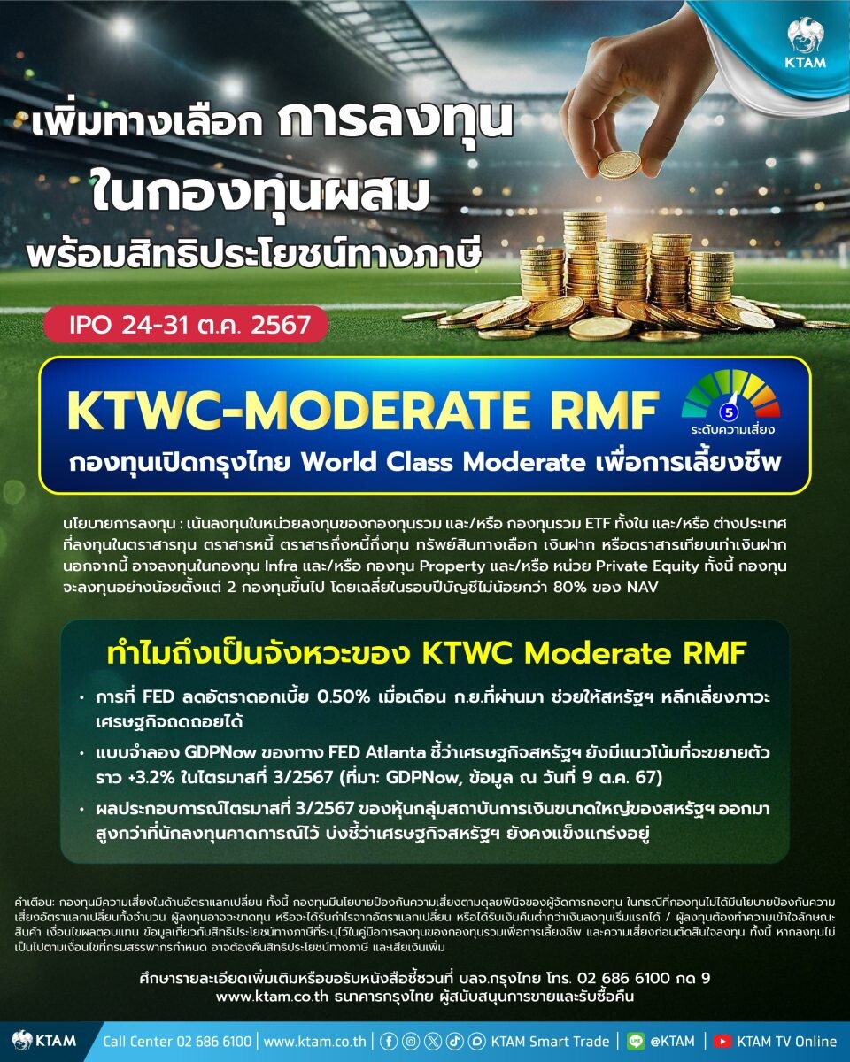 KTAM ส่งกองทุนผสมเสริมพอร์ตพร้อมลดหย่อนภาษี "KTWC Moderate RMF" IPO 24-31 ต.ค.นี้