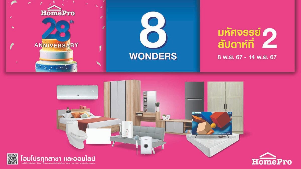 ช้อปสนุกมหัศจรรย์สัปดาห์ที่ 2 "HomePro 28th Anniversary 8 WONDERS" แบรนด์ดังราคาลดแรงส์ หมดแล้วหมดเลย! เริ่ม 8 พ.ย. 67 นี้