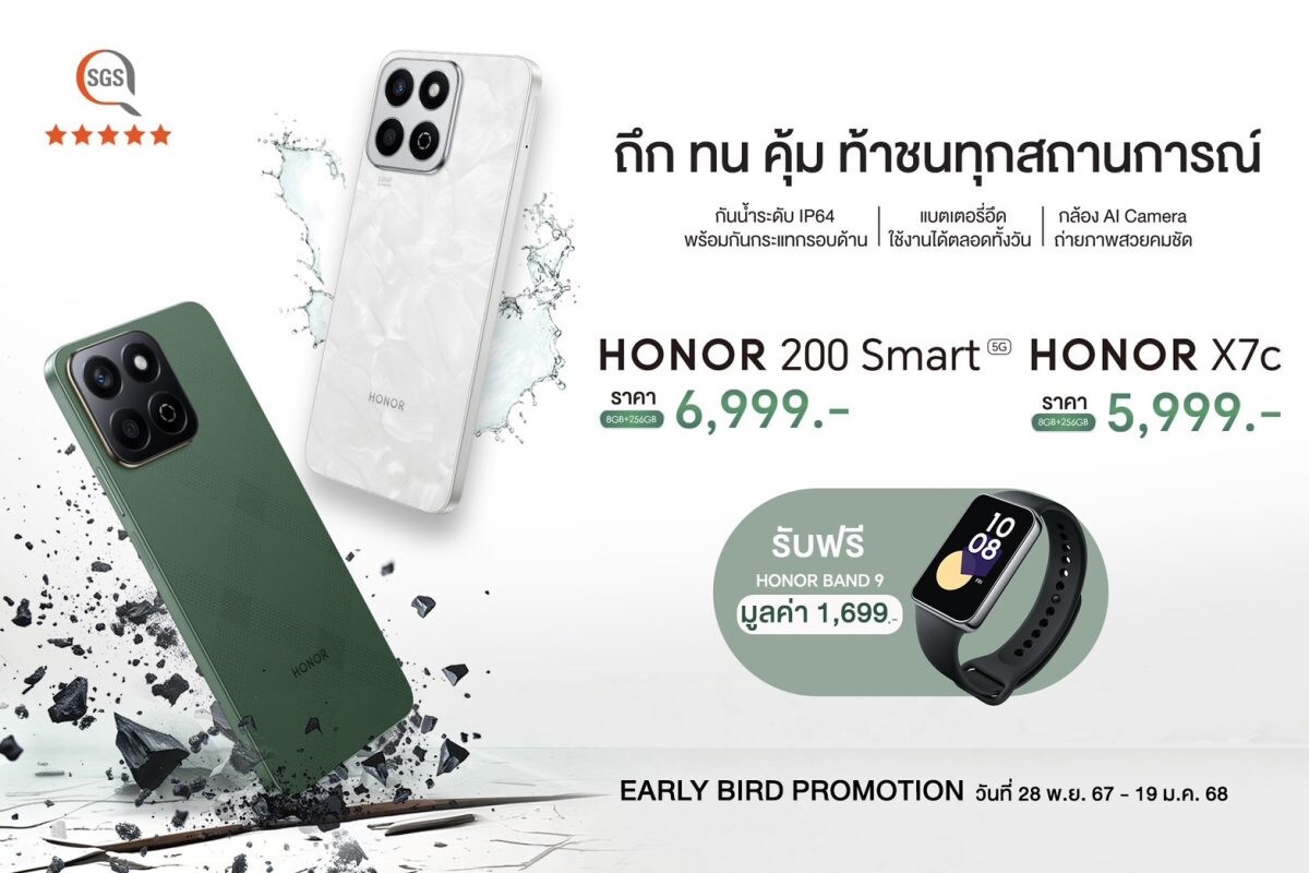 เปิดตัว !! HONOR X7c และ HONOR 200 Smart 5G สมาร์ตโฟนที่ถึก ทน คุ้ม ท้าชนทุกสถานการณ์ เริ่มต้นเพียง 5,999 บาท พร้อมขายแล้ววันนี้!