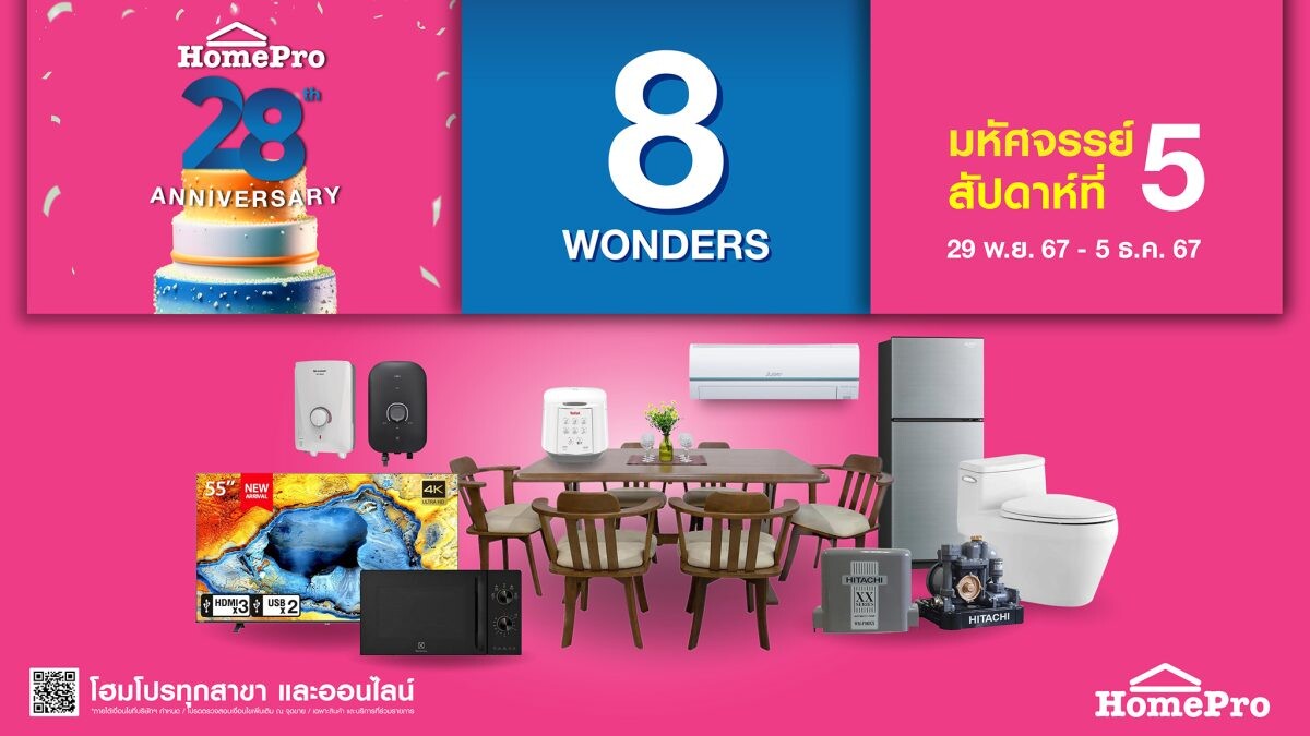 ช่วงเวลาแห่งความสุข! มหัศจรรย์สัปดาห์ที่ 5 "HomePro 28th Anniversary 8 WONDER" ช้อปสนุกทุกไลฟ์สไตล์เรื่องบ้าน จากแบรนด์ดัง พร้อมบริการติดตั้ง-รื้อถอนฟรี! เริ่ม 29 พ.ย. 67 ถึง 5 ธ.ค. 67 นี้