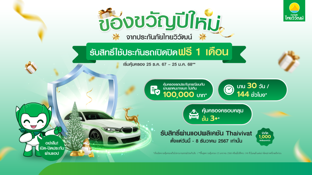 ประกันภัยไทยวิวัฒน์ มอบของขวัญปีใหม่ 2568 รับสิทธิ์ใช้ประกันรถเปิดปิด ฟรี 1 เดือน