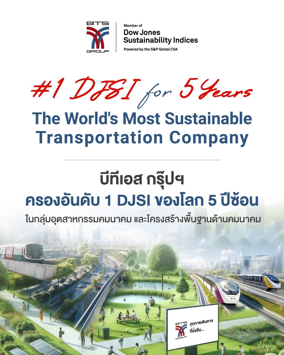 บีทีเอส กรุ๊ปฯ ติดอันดับดัชนีความยั่งยืนดาวโจนส์ "DJSI" ต่อเนื่องเป็นปีที่ 7 ครองความเป็นบริษัทที่ยั่งยืนที่สุดในโลก ในกลุ่มอุตสาหกรรมคมนาคมและโครงสร้างพื้นฐานด้านคมนาคม 5 ปีซ้อน