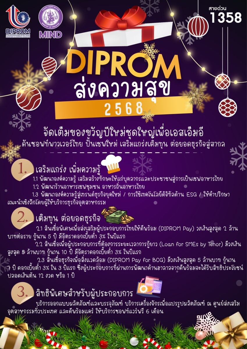 "ดีพร้อม" ขานรับนโยบาย "รมว.เอกนัฏ" จัดเต็มของขวัญปีใหม่ชุดใหญ่เพื่อเอสเอ็มอี ดันซอฟท์พาวเวอร์ไทย ปั้นเชฟใหม่ เสริมแกร่งเติมทุน ต่อยอดธุรกิจสู่สากล