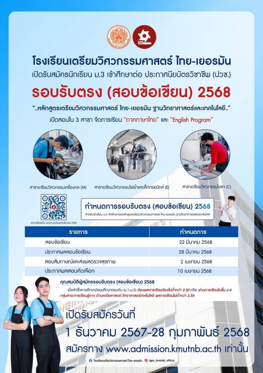 โรงเรียนเตรียมวิศวกรรมศาสตร์ ไทย-เยอรมัน มจพ. เปิดสอบตรงวุฒิ ม.3 โครงการรับตรง ปี'2568