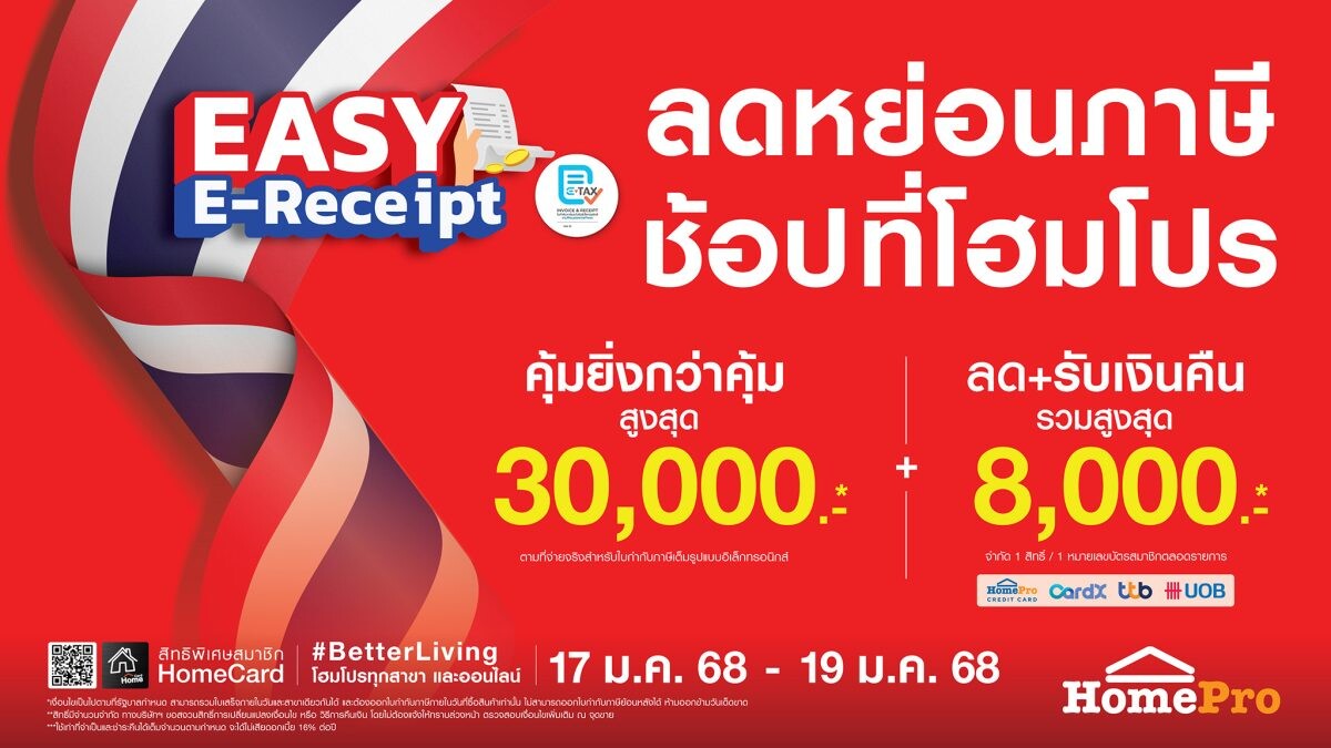 โฮมโปร จัดโปรฯ รับ "Easy E-Receipt" ช้อปสนุกลดหย่อนภาษีได้ รับสิทธิ์ส่วนลด+เงินคืนสูงสุด 8,000 บาท!