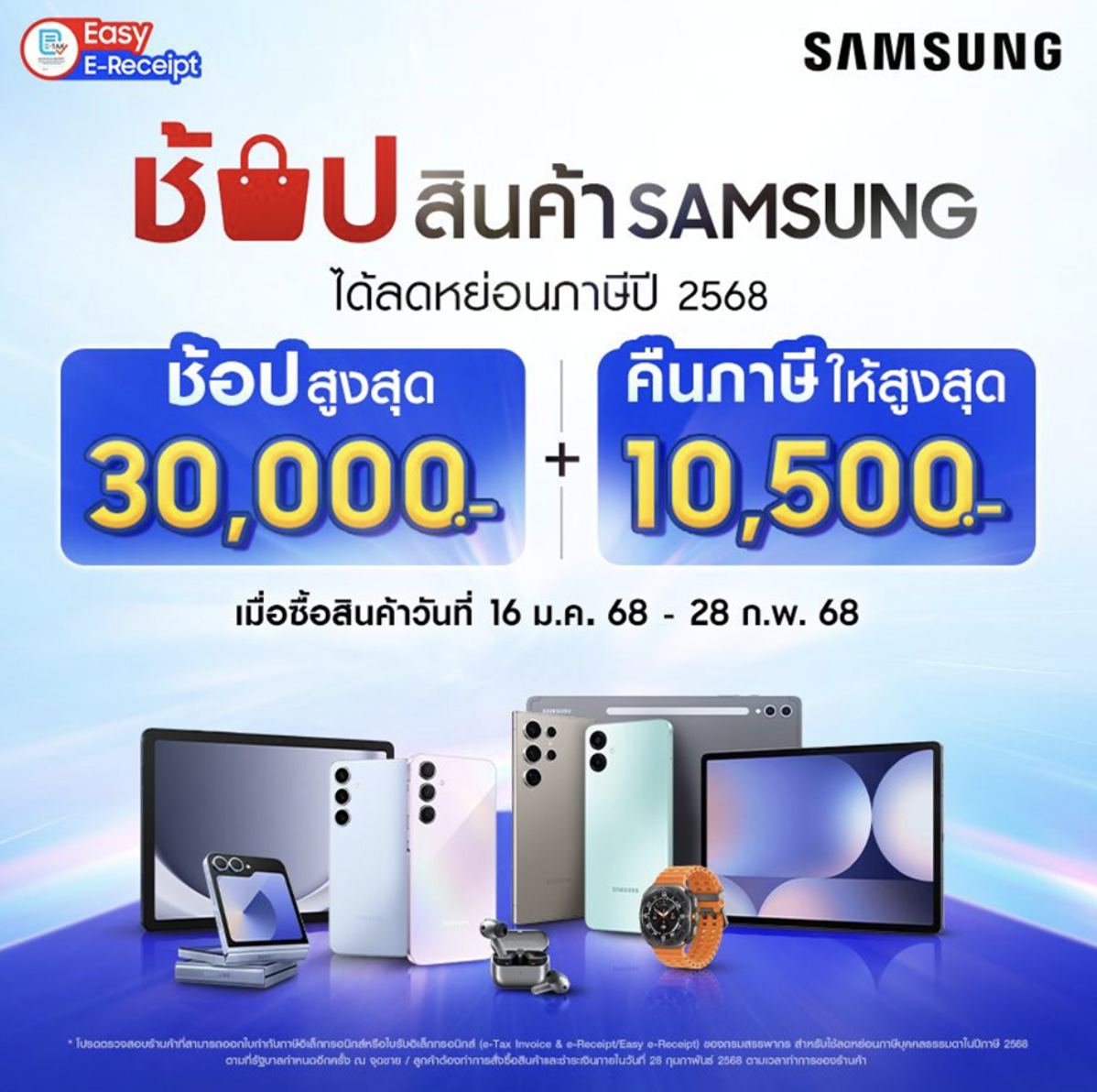 ซัมซุง หนุนคนไทยช้อปลดหย่อนภาษีปี 68 ในโครงการ Easy E-Receipt 2.0 รับสิทธิ์ลดหย่อนสูงสุด 10,500 บาท เริ่ม 16 ม.ค. ถึง 28 ก.พ. 68