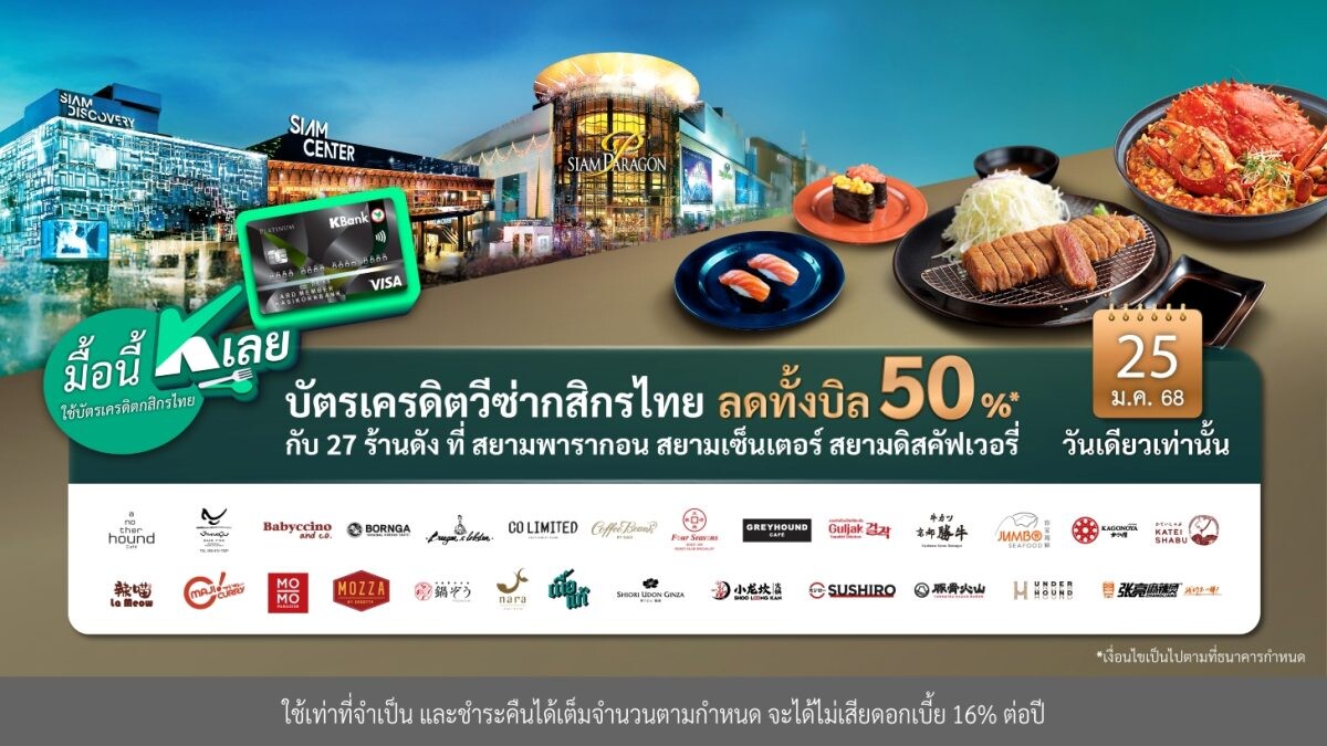 เสาร์ 25 ม.ค. 2568 ปักหมุดอิ่มอร่อย "มื้อนี้ K เลย" ลดทั้งบิล 50%* กับบัตรเครดิตวีซ่ากสิกรไทย 27 ร้านดังที่สยามพารากอน สยามเซ็นเตอร์ สยามดิสคัฟเวอรี่