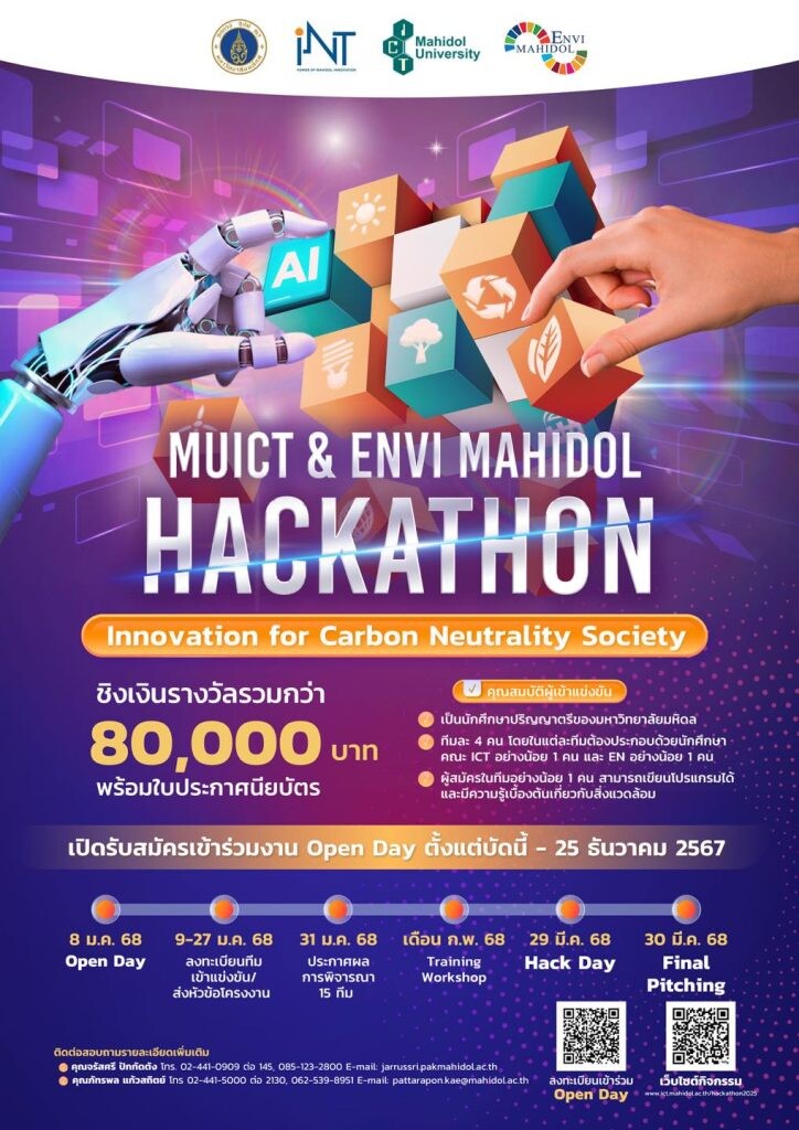 การแข่งขัน MUICT &amp; ENVI Mahidol Hackathon 2025 ภายใต้หัวข้อ : Digital Innovation for Carbon Neutrality Society