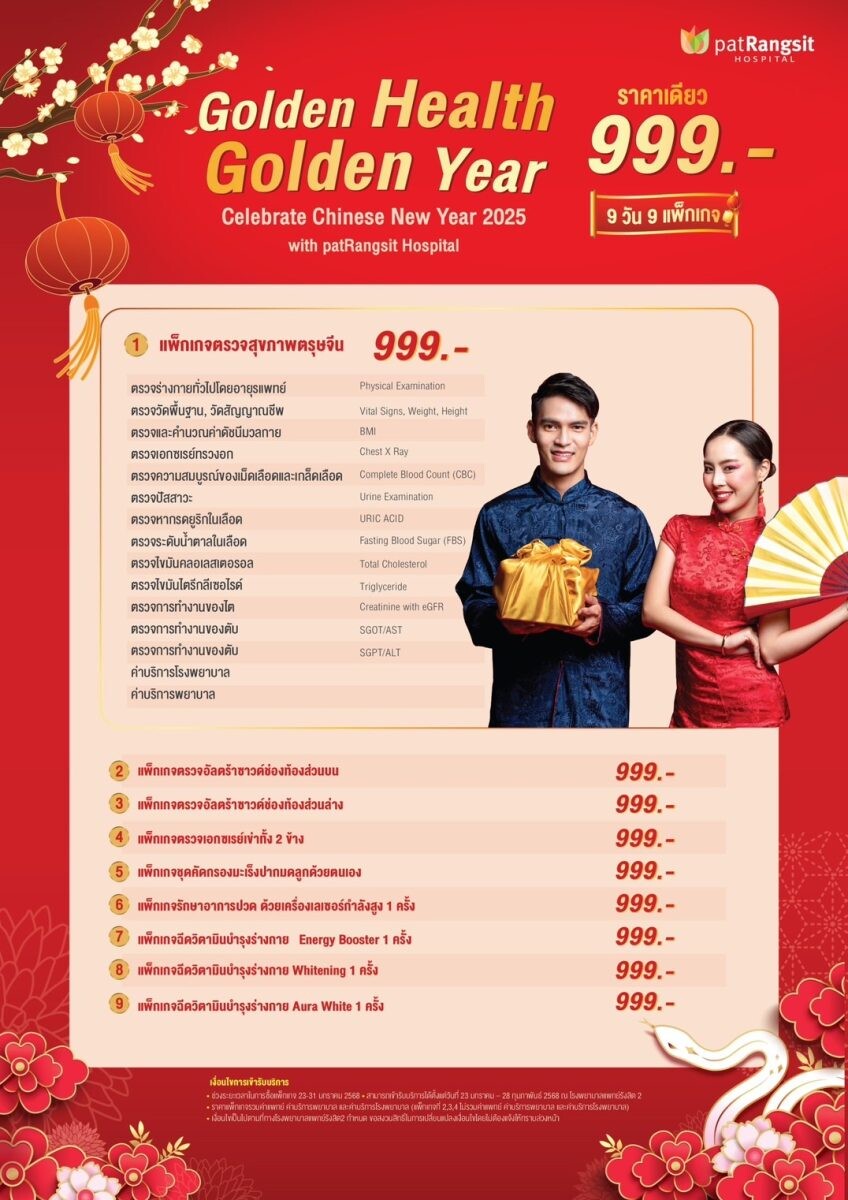 Golden Health, Golden Year - Celebrate Chinese New Year 2025 with patRangsit Hospital 9 วัน 9 แพ็กเกจ ราคาเดียว 999.- บาท