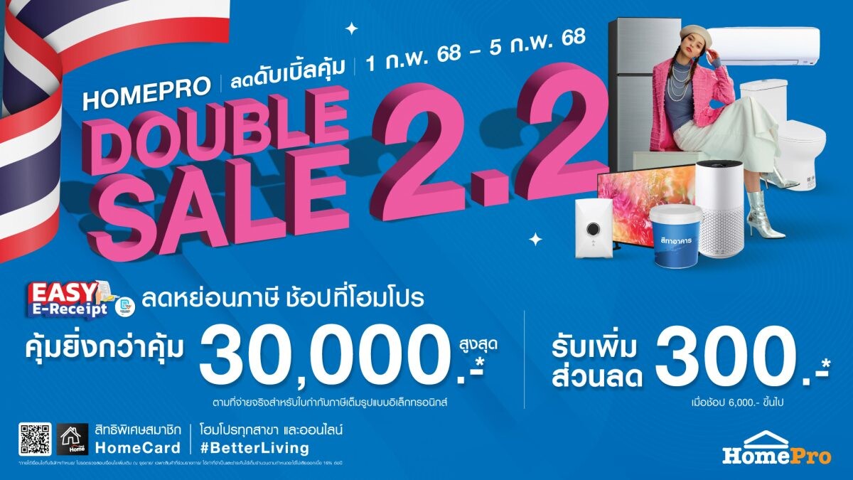 เทศกาลลดดับเบิ้ลคุ้ม ครั้งแรกของปี !! "HOMEPRO DOUBLE SALE 2.2" ดีลดับเบิ้ลคุ้ม+ช้อปลดหย่อนภาษี 1-5 ก.พ. 68 นี้ (5 วันเท่านั้น!) ที่โฮมโปร