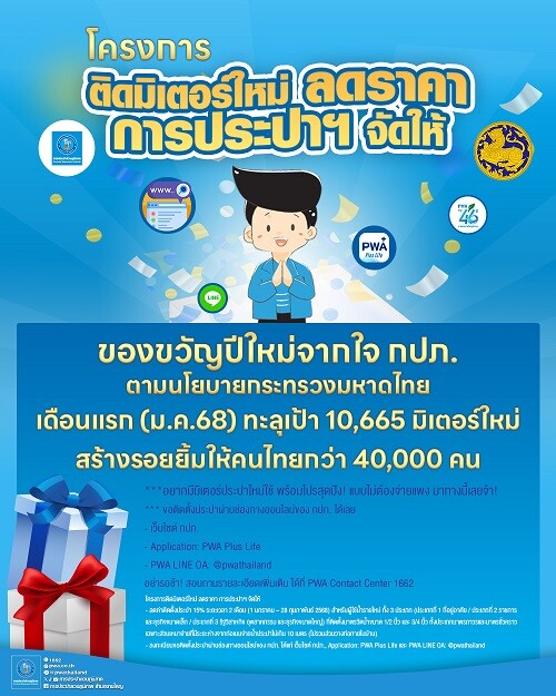 กปภ. เผยยอดทะลุเป้าโครงการ "ติดมิเตอร์ใหม่ ลดราคา การประปาฯ จัดให้"