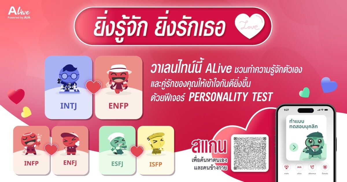 "เข้าใจกัน" สำคัญกว่า "เหมือนกัน" ALive Powered by AIA ร่วมฉลองเดือนแห่งความรัก ชวนคู่รักพิสูจน์ทฤษฎีนี้ผ่านฟีเจอร์ Personality Test รู้จักตนเอง-เข้าใจคนข้างกายให้ดีขึ้น