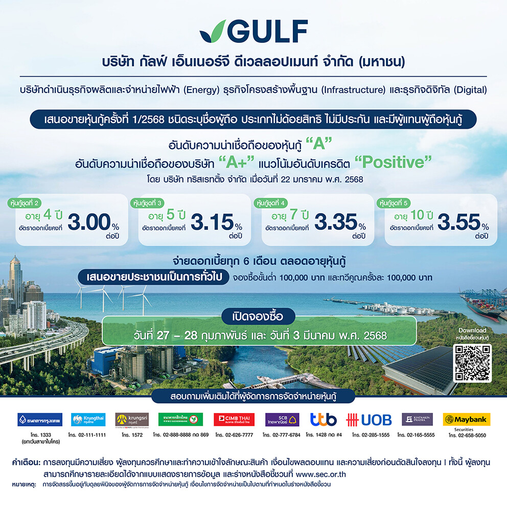 GULF เคาะแล้ว! อัตราดอกเบี้ยหุ้นกู้อายุ 4-10 ปี ที่ 3.00 - 3.55% ต่อปี พร้อมเสนอขายประชาชนทั่วไป 27-28 ก.พ. และ 3 มี.ค.68 ผ่านสถาบันการเงินชั้นนำ 10 แห่ง