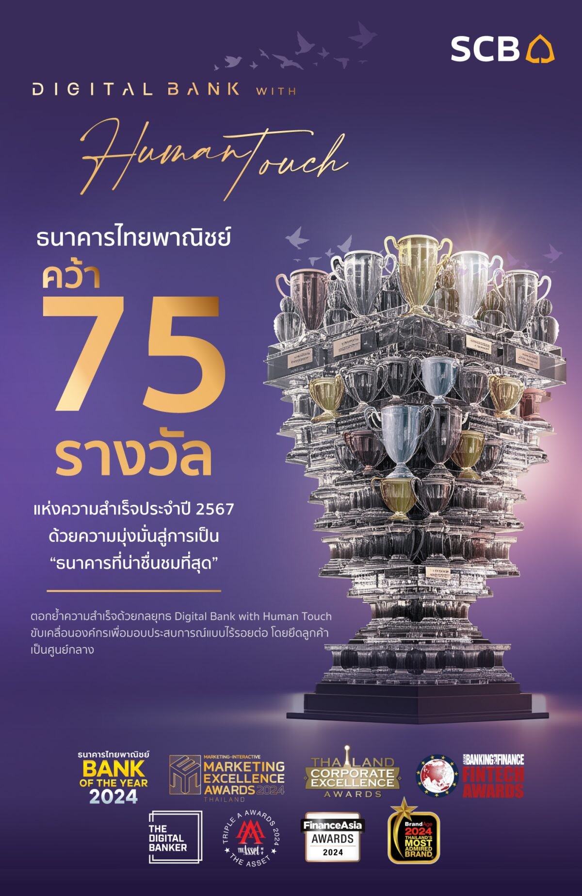 ธนาคารไทยพาณิชย์คว้ารางวัลแห่งความสำเร็จ 75 รางวัลในปี 2567 ตอกย้ำความมุ่งมั่นในการดำเนินงานสู่เป้าหมายการเป็น "ธนาคารที่น่าชื่นชมที่สุด" (The Most Admired Bank)